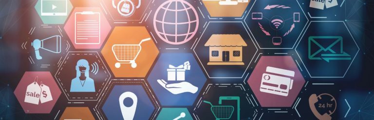Different icons in hexagon blocks showing elements of online businesses.